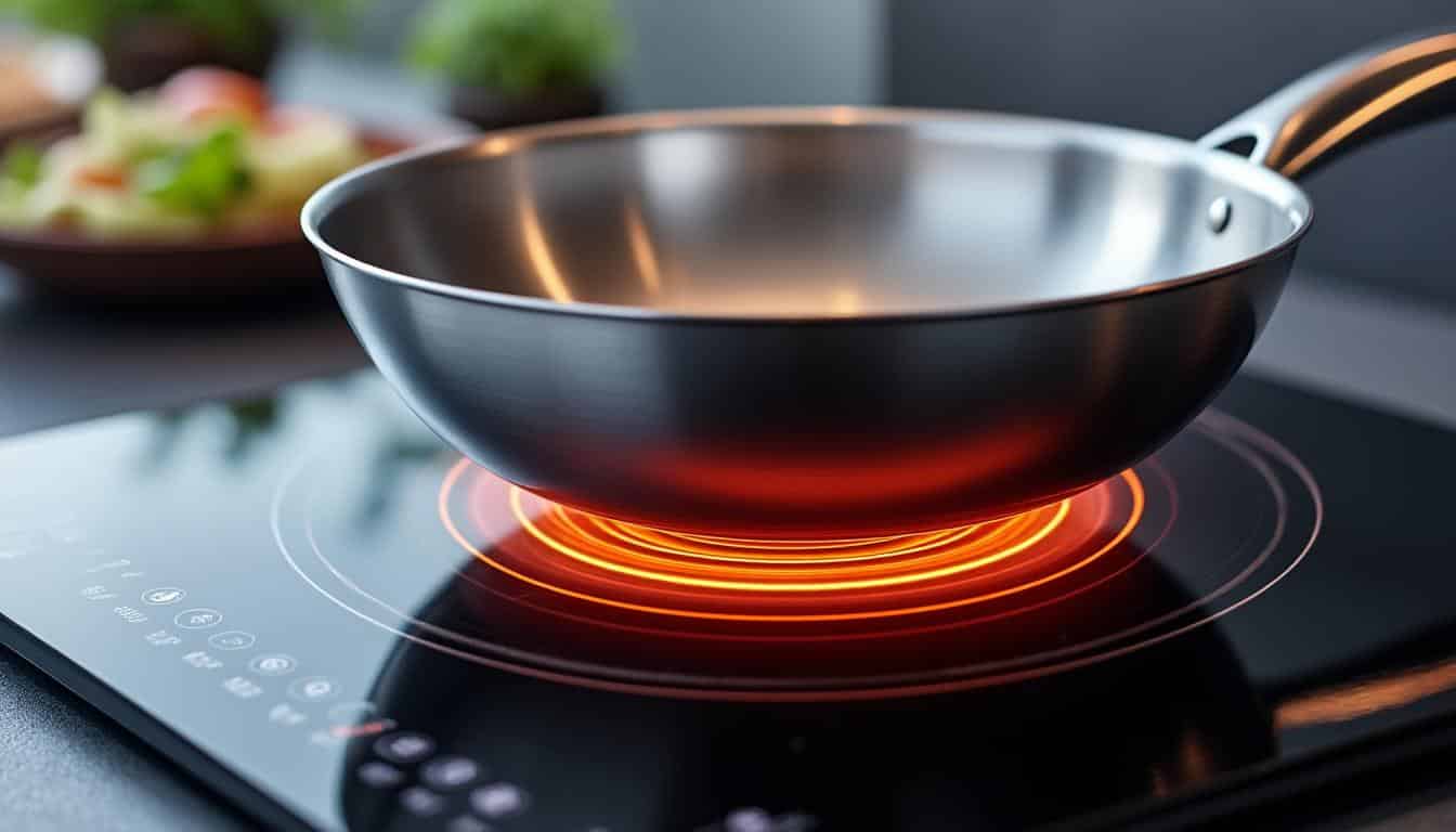 découvrez comment l'induction électromagnétique chauffe instantanément le fond des poêles en acier pour une cuisson rapide et efficace.
