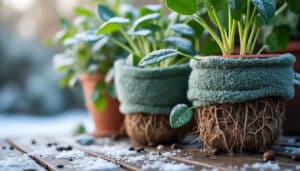 le voile d'hivernage protège efficacement le système racinaire des plantes gélives en pot contre le froid, assurant leur survie et leur santé durant l'hiver.