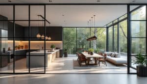 découvrez comment une verrière d'atelier crée une séparation visuelle élégante entre une cuisine ouverte et un salon contemporain, alliant style et fonctionnalité.