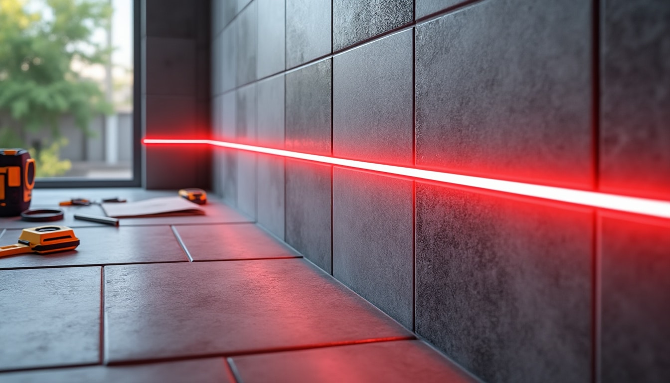 le niveau laser projette un faisceau lumineux précis sur les murs pour un alignement parfait des carreaux lors de vos travaux de carrelage.