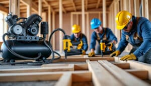 découvrez comment le compresseur d'air alimente en continu les cloueuses pneumatiques de charpente pour une efficacité et une précision optimales dans vos travaux de construction.