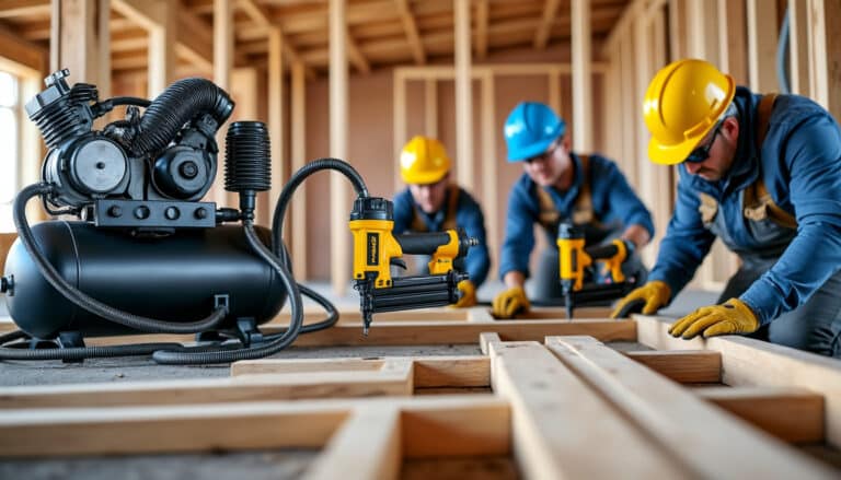 découvrez comment le compresseur d'air alimente en continu les cloueuses pneumatiques de charpente pour une efficacité et une précision optimales dans vos travaux de construction.