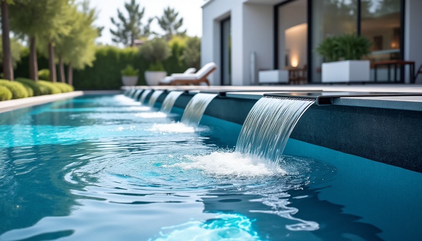 découvrez la cascade en inox qui dynamise élégamment le flux d'eau de surface dans vos couloirs de nage design, alliant esthétique et performance.