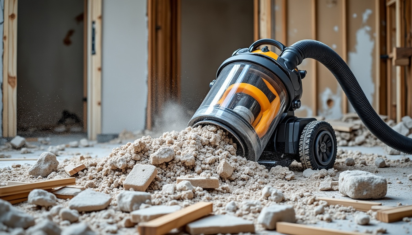 découvrez l'aspirateur de chantier, idéal pour aspirer efficacement les gravats lors de vos opérations de démolition intérieure.