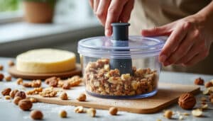 découvrez comment le hachoir manuel concasse grossièrement les fruits à coque pour préparer facilement vos pâtisseries crues.