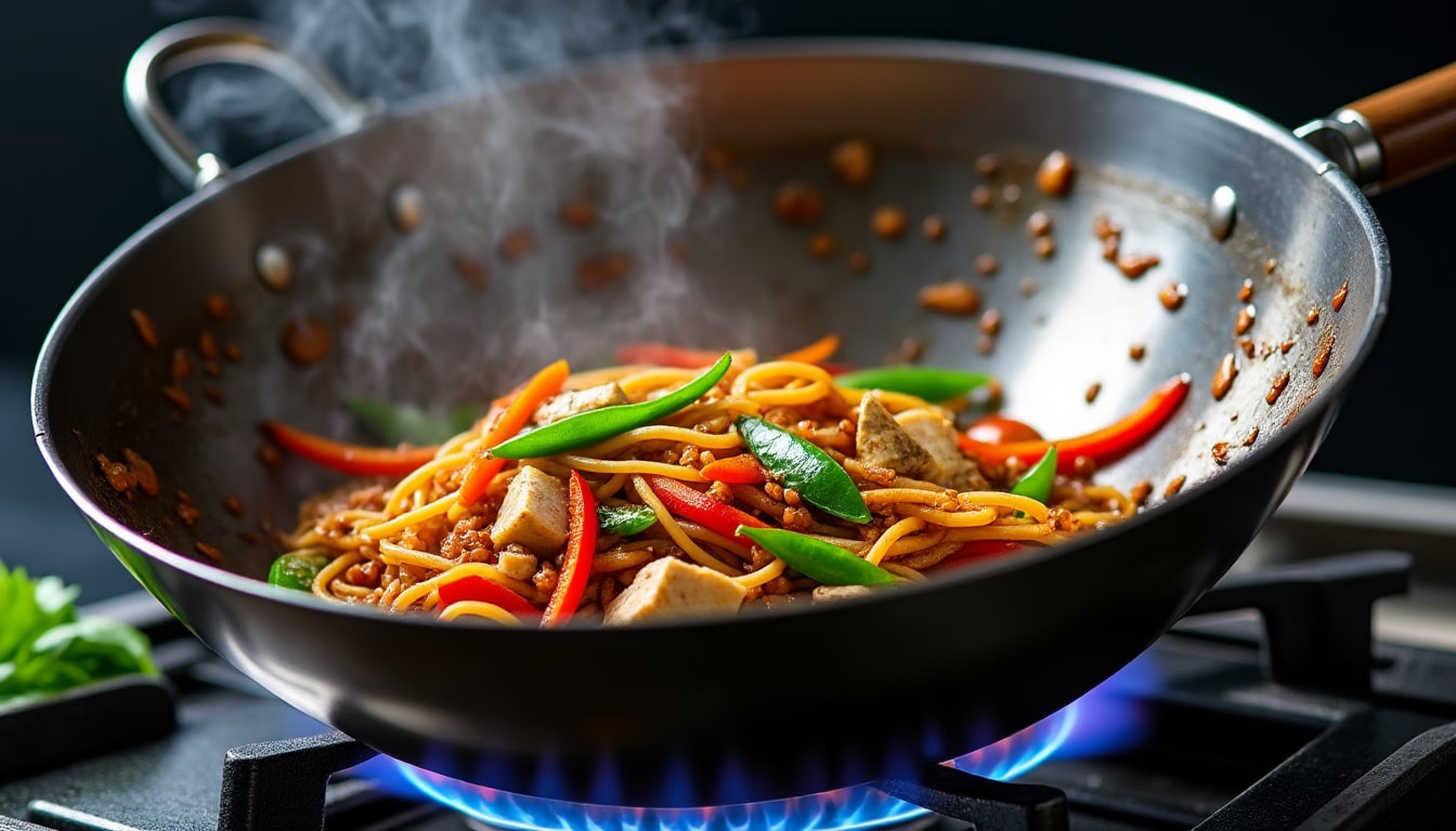 découvrez comment un wok en acier permet de saisir à feu vif des nouilles sautées asiatiques, pour des plats savoureux et authentiques.
