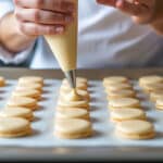 la poche à douille permet de dresser des macarons réguliers et parfaitement symétriques sur la plaque de cuisson.