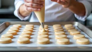 la poche à douille permet de dresser des macarons réguliers et parfaitement symétriques sur la plaque de cuisson.
