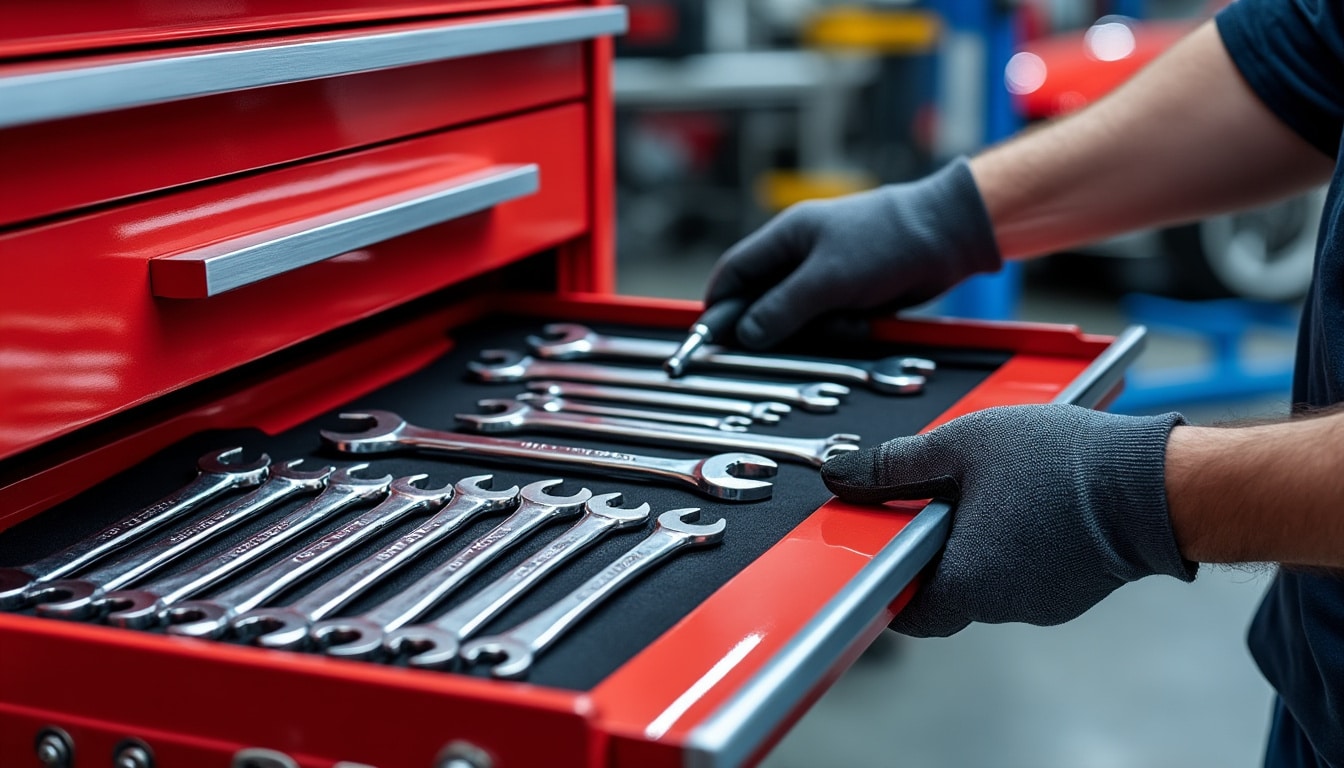 découvrez comment une servante d’atelier facilite le rangement des clés plates et aide les mécaniciens automobiles à garder leurs outils organisés et accessibles.