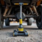découvrez comment un cric hydraulique permet de soulever en toute sécurité l’essieu lourd des véhicules utilitaires de chantier.