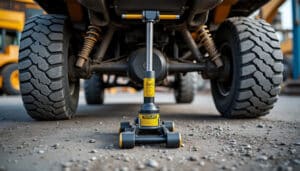 découvrez comment un cric hydraulique permet de soulever en toute sécurité l’essieu lourd des véhicules utilitaires de chantier.