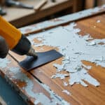 découvrez comment un pistolet à air chaud permet de retirer efficacement les couches de peinture accumulées sur de vieux meubles en bois.