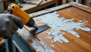découvrez comment un pistolet à air chaud permet de retirer efficacement les couches de peinture accumulées sur de vieux meubles en bois.