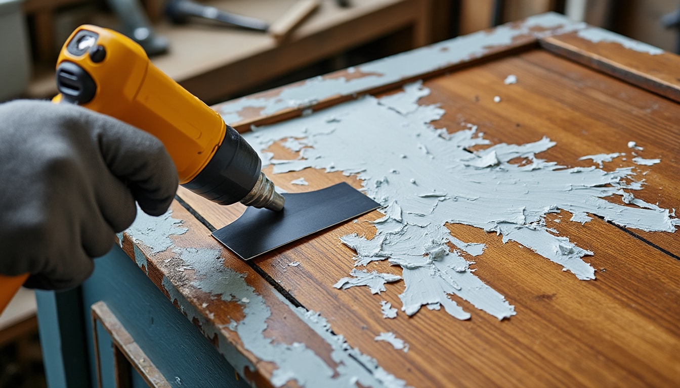 découvrez comment un pistolet à air chaud permet de retirer efficacement les couches de peinture accumulées sur de vieux meubles en bois.