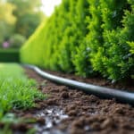 le tuyau microporeux arrose directement au pied des haies arbustives, pour une irrigation discrète, régulière et économe en eau.