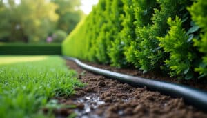 le tuyau microporeux arrose directement au pied des haies arbustives, pour une irrigation discrète, régulière et économe en eau.